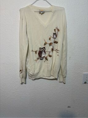 Cyn Les Shirlee vintage V-Neck Sweater with Owl Embroidery beautiful stitching